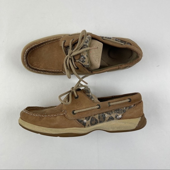 Sperry Top Sider Shoes Womens Size 8M Tan Leopard Sequins - Picture 1 of 8